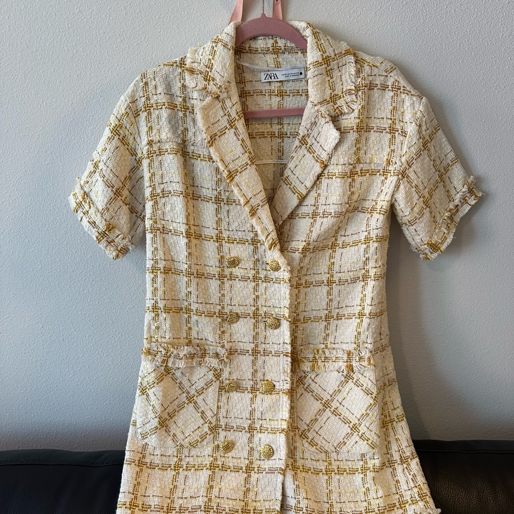 Zara Cream and Gold Plaid Mini Dress - Picture 3 of 8